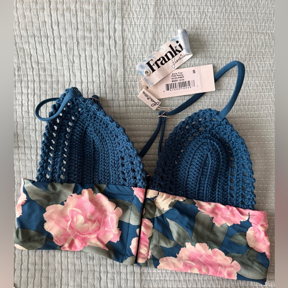 NWT Frankie's Bikinis Ayla Top - Floral Crochet Bralette - Blue and Pink